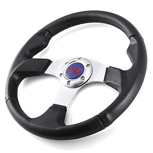 JZK Classic Universal Car Boat Steering Wheel 350mm 6 Bolts Quick Release PVC Material Brushed Stainless Spokes