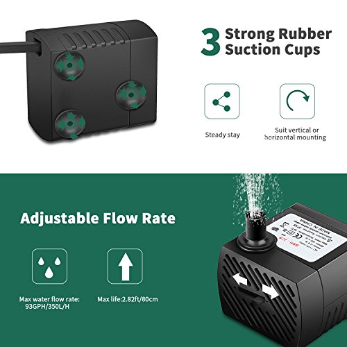 Ideashop Submersible Pump, Water Pump, Water Fountain Pump 90 GPH(350L/H, 4W) Portable Water Pump Mini Water Pump for Pond, Statuary, Aquarium, Fish Tank Fountain with 5.9ft(1.8m) Power Cord (Black)