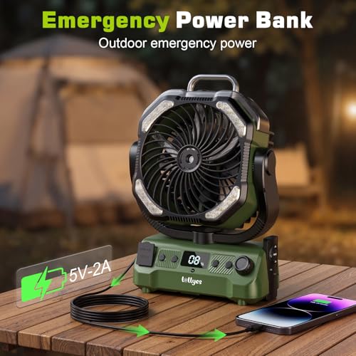 Lolleys Ventilateur Brumisateur de Camping 20000mAh, Ventilateur Portable Rechargeable avec Télécommande, Double Moteur, Crochet 360°, Vitesse Variable pour Extérieur Pêche Camping-car Plage, Green