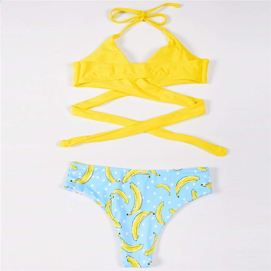 Pinsparkle Women Bathing Suits Floral Halter Neck Bandage Bikini Two Piece Swimsuits Sets Yellow Blue