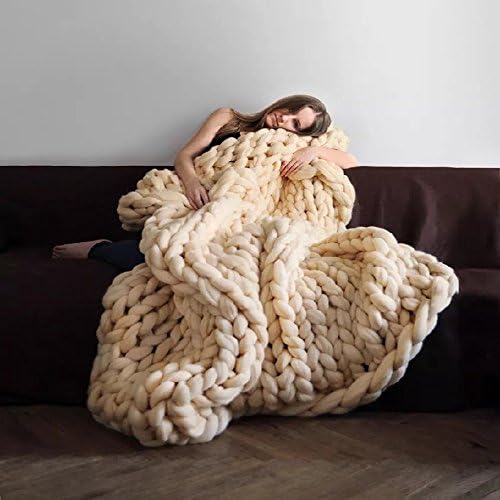 Super Large Knit Throw Chunky Sofa Blanket Hand-made Merino Wool Blend Bulky Pet Bed Mat Rug White 40"x60" (100x150cm) (Beige)
