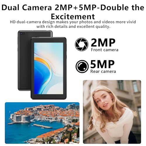 Android 15 Tablet with Case, 7 Inch 8GB RAM+32GB ROM/ 1TB Expandable Computer, 5MP Camera Tablets, 1.6Ghz Quad-core Processor, 3000mAH Battery Tablet PC, 5G WiFi, Games 7'' Android Laptop Black