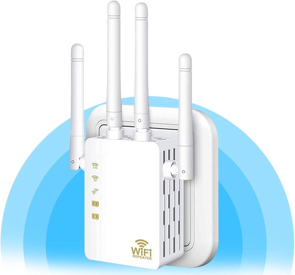 WiFi Repeater - WiFi Booster,Signal Extender, Coverage Up to 2500 sq.ft,1200 Mbps 2.4 & 5GHz Wireless Internet Amplifier - Covers 20 Devices with 4 External Advanced Antennas