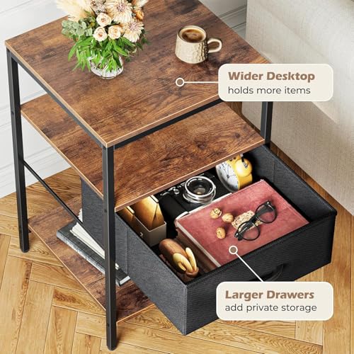 KAPEICamper Nightstand with Charging Station, Bed Side Table with Adjustable Fabric Drawer, Night Stand for Bedroom, 3-Tier Storage End Table, for Living Room, Rustic Brown and Black