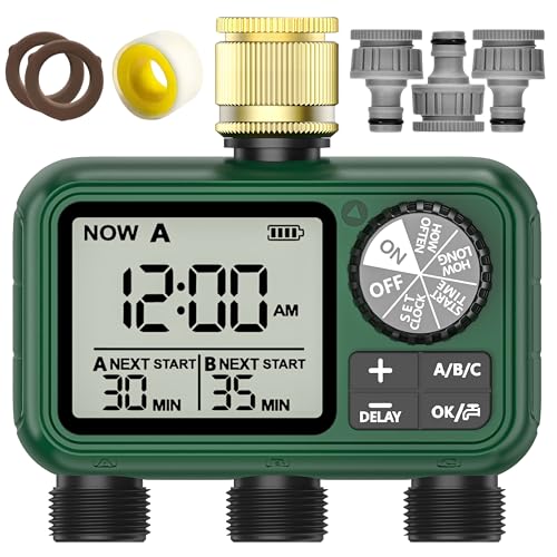 3 Way Water Timer with Brass Inlet, Large LCD Display, Automatic Watering for Garden, Programmable Irrigation, Simple Use, Rain Delay Manual Watering for Garden