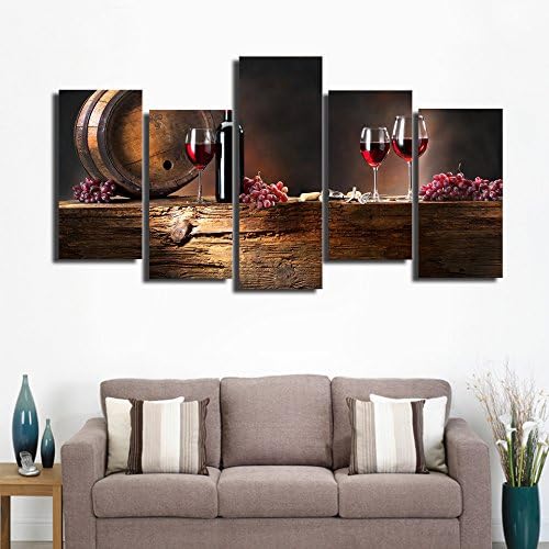 FY Art Decor HD Printed 5 piece canvas art grape red wine glasses Oak barrels painting on canvas wall pictures for living room wood framed finished to hang gift