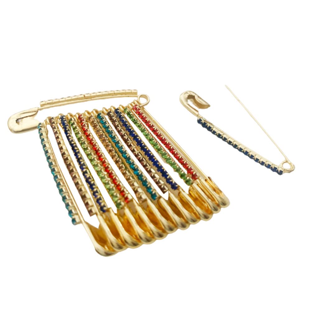 Multi-Colored Decorative Safety Pins, Saree Pins Brooch One Side of Safety Pin Decorated with Diamonds Set of 12