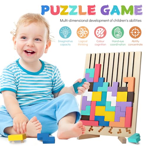 Wooden Puzzle Tetris Montessori Toy from 3 4 5 6 Years - Educational Toy to Promote Concentration & Motor Skills - 3D Logic Puzzle with Geometric Blocks - Gift Children