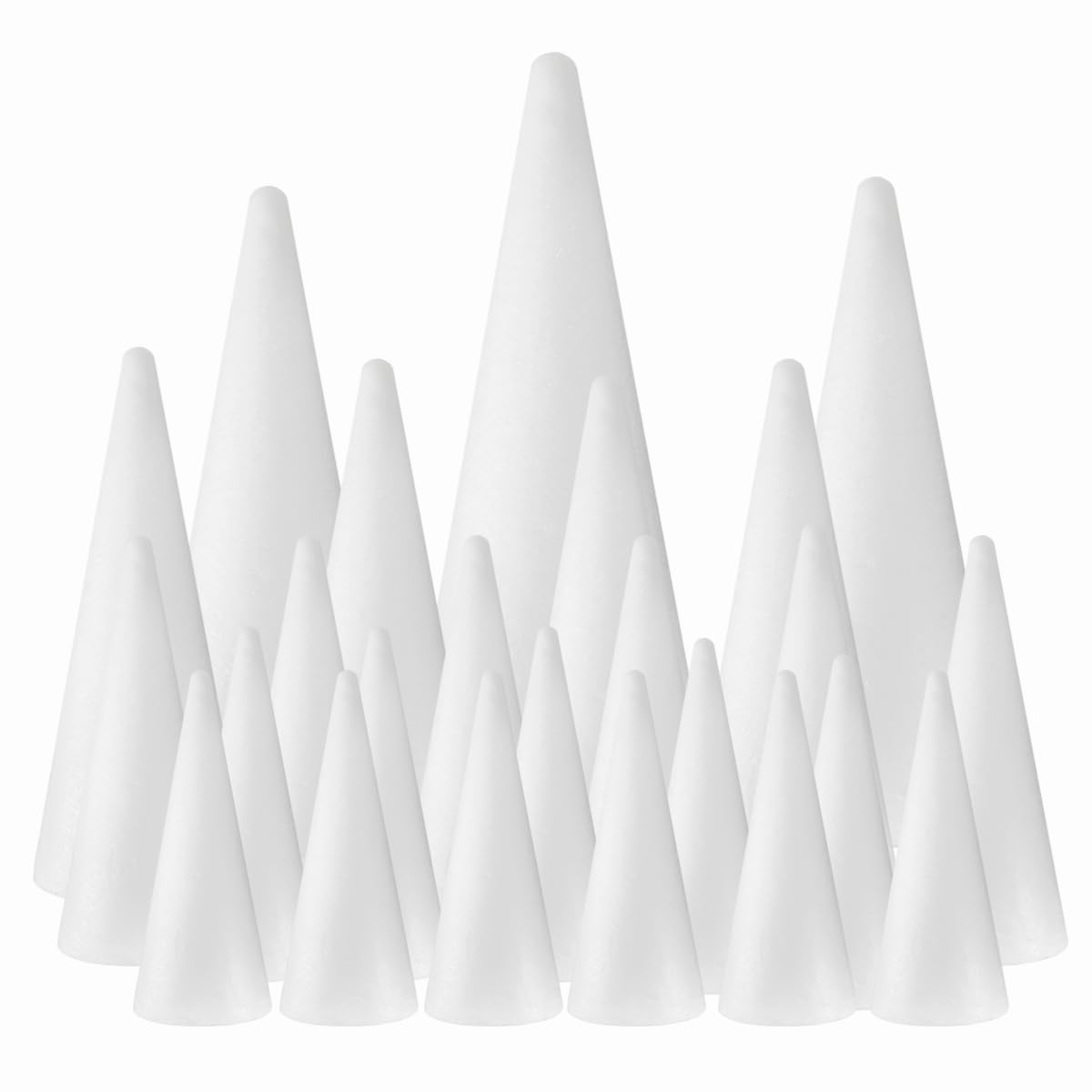 Photo 1 of FFchuanhe 24-Pack Craft Foam Cones, Foam Tree Cones, Assorted Sizes White Polystyrene Cones Shaped Foam (4.6.8.10.12in), for Arts and Crafts, Christmas Tree, Wedding, Birthday, DIY Home Craft Project
