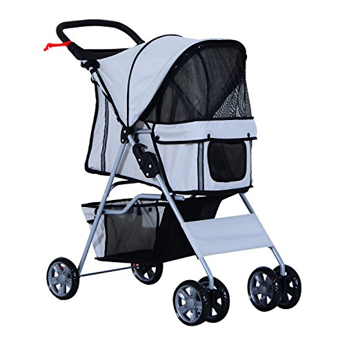 PawHut 4 Wheel Dog Pet Stroller Dog Cat Carrier Folding Sunshade Canopy with Brake Grey