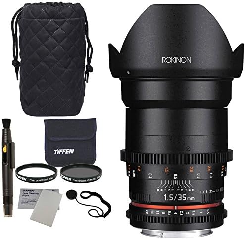 Rokinon Cine DS DS35M-NEX 35mm T1.5 AS IF UMC Full Frame Cine Wide Angle Lens for Sony E, Tiffen 77mm Photo Twin Pack Polarizer And UV Protective Filter, Polaroid Lens Cap Strap and Accessory Bundle