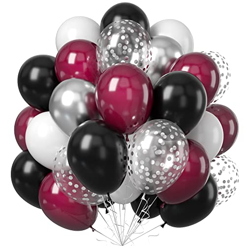 Teslite Red Black Silver Balloons, Burgundy and Black Party Balloon, Silver Wine Red Maroon Helium Latex Balloons with Metallic Silver Confetti Balloons for Birthday Baby Shower Wedding Party Decorations,12inch 50pcs