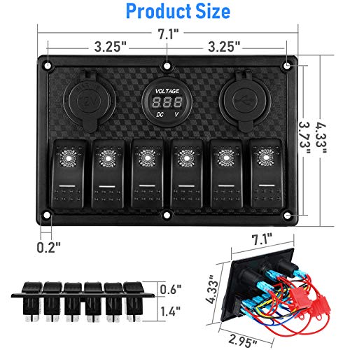 Kohree 6 Gang Marine Boat Rocker Switch Panel, 12V Waterproof RV Led
