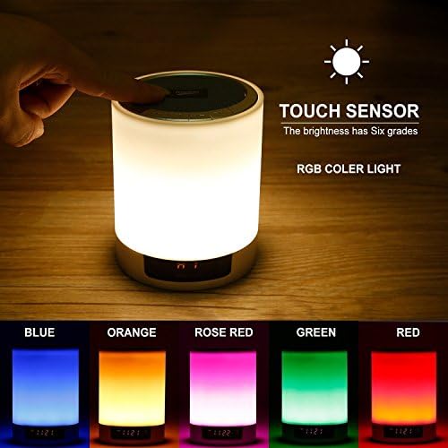 Portable Wireless Bluetooth Speaker LED Lamp, with 7 Colors Changing Night Light, Alarm Clock, Digital Calendar, FM Radio, Micro SD Card Solt, Built-in Microphone, AUX USB Input, Rechargeable Battery
