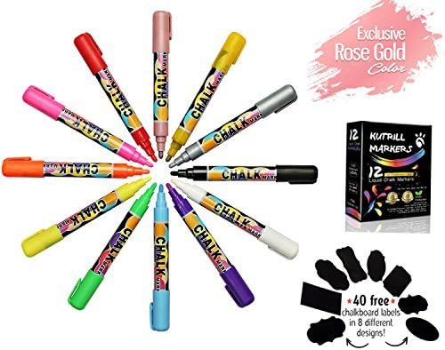 Chalkboard Liquid Chalk Markers, Mirror Markers 12 Pack (Rose Gold,Gold & Silver) with 40 Pcs of Chalkboard Labels, 4 Reversible Tips - Non-Toxic Erase Mirror Markers by KUTRILL (1-Pack)