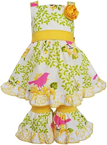 AnnLoren Boutique Girls sz 7/8 Yellow Birds & Floral Dress and Capri Outfit