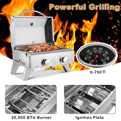 ROVSUN Extra Large 20,000 BTU Portable Gas Grill, 2 Burner Tabletop