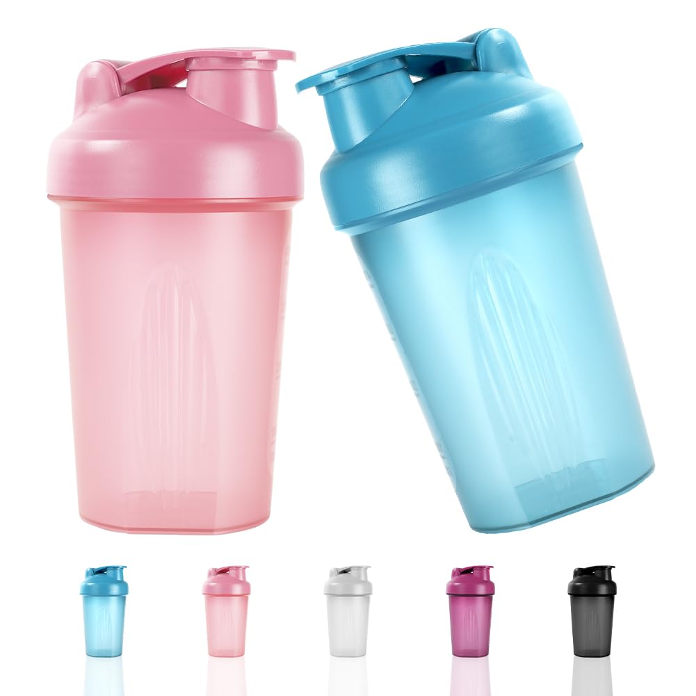 ACWOO Protein Shaker Bottle with Stainless Steel Mixing Ball 500ml, 2pcs Protein & Supplement Shaker Bottle, Leak Proof Flip Flop Lid Shake Bottle Mixer, BPA Free Protein Shake Bottle, Blue + Pink