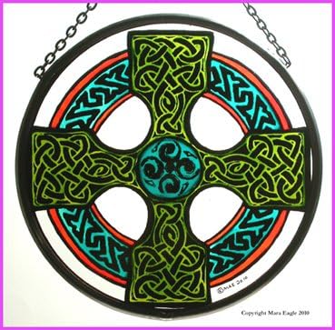 Decorative Hand Painted Stained Glass Window Sun Catcher/Roundel in a Celtic Cross Design, Green