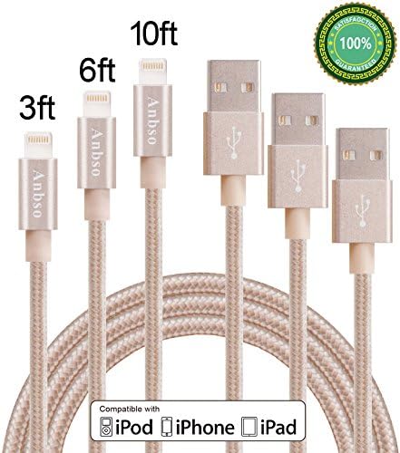 Anbso 3Pack 3FT 6FT 10FT Nylon Braided Charging Cable Data &amp; Sync Charging Cord 8-Pin Lightning to USB Cable Charger for iPhone 7/ 7 Plus/6/6s/6 plus/6s plus, iPhone 5/5s/5c,iPad, iPod(gold)