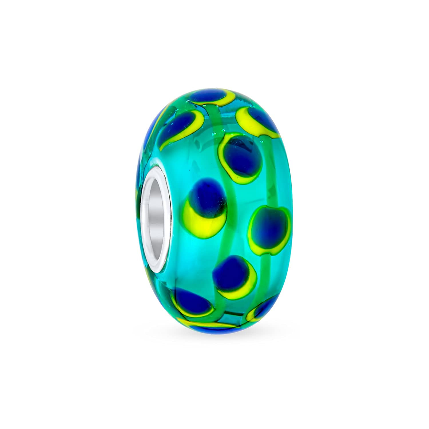 Bling Jewelry Murano Glass .925 Sterling Silver Core Translucent Green Yellow Spotted Circles Spacer Charm Bead Fits European Bracelet For Women Teen