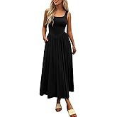 Mieazom Women's Summer Maxi Dress 2026 - Sleeveless Square Neck Casual Beach Sundress with Pockets, Flowy Patchwork Knit