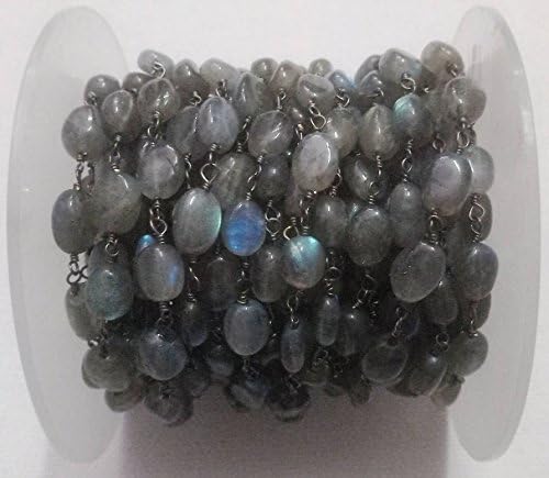 KIRANBEADS - 5 Feet Labradorite Smooth Oval Beaded Chain - Oxidized Sterling Silver Wire or Oxidized Wire Wrapped Chain - Beads Size 6X8mm