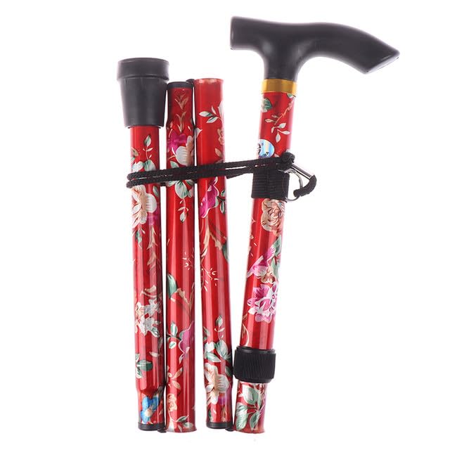 WARESHARK Walking Stick, Easy Adjustable Height Folding Extendable Walking Cane, Lightweight Flexible and Durable Walking Aid Mobility Aid Collapsible Walking Stick (Red with Flowers)