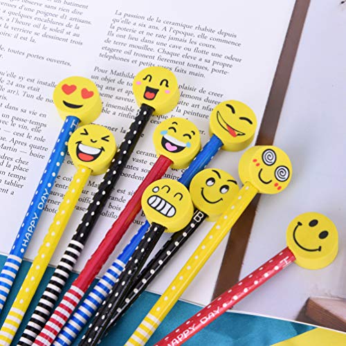 Kids Wooden Pencils Colorful Stripe Pencil With Cute Cartoon Smiley Face Eraser for School Supplies and Children Prize Gifts 9 Pack By BUSHIBU - Thumbnail 4