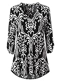 Zattcas Womens Floral Printed Tunic Shirts 3/4 Roll Sleeve Notch Neck Tunic Top (Large, Black White)