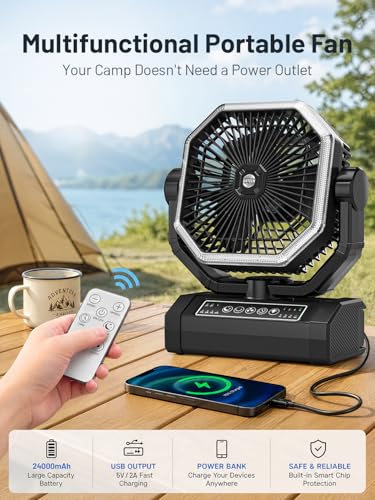 Portable Rechargeable Fan - 9-Inch Camping Fan for Tent, 24000mAh(60Hrs) Battery Operated Fan for Camping, Auto Oscillation Cordless Fans, Tent Fans with Remote/Light, 4 Speeds, 4 Timing, Outdoor