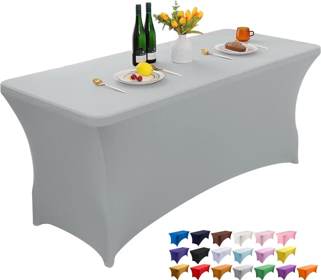 Wolfway 8FT Silver Gray Stretch Spandex Table Cover Washable and Wrinkle Resistant Kitchen Spandex Tablecloth Fitted Rectangular Table for Party,Banquet,Weddings,Cocktail and Festival