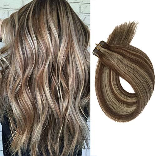 Hair Extensions Tape in Human Hair Brown to Blonde Highlighted 22" Silky Straight Blonde Balayage Tape in Extensions 60grams 20pcs Remy Hair for Women