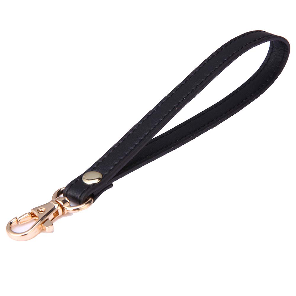 Xiazw Leather Wrist Strap Wristlet for Purse，Wallet， Clutch，Key，Keychain，Cell Phone Case (Plain Leather Black with Gold Clasp)