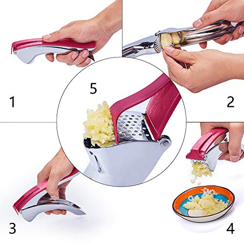Nurch Garlic Press, Stainless Steel Mincer and Crusher Ginger Press with Garlic Scraper Professional Food Grade, Rust Proof, Easy Squeeze and Clean Red with Ergonomic Comfort Grip
