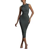 GarRela Women's Summer Ruched Bodycon Crew Neck Sleeveless Casual Tank Pencil Midi Dresses