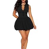 Ekaliy Women Rompers Sleeveless V Neck Zip Front Stretch Tummy Control Yoga Workout Rompers Mini Dress