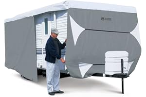 Classic Accessories Over Drive PolyPRO3 Deluxe Travel Trailer/Toy Hauler Cover, Fits 15'-18' RVs, Camper RV Cover, Customizable Fit, Water-Resistant, All Season Protection for Motorhome, Grey/White