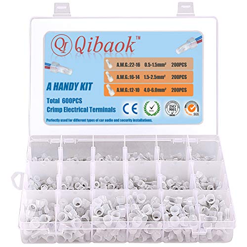 Qibaok 600 PCS Closed End Cap Crimp Terminals Nylon Wire Connectors Kit 22-16/16-14/12-10 Gauge