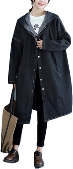 Amazon グードコ レディース 長袖 トレンチコート デニム ジャケット ポケット Gジャン ブルゾン ロングコート アウター フード付き 快適 着痩せ 柔らか 体型カバー 復古 ブラック F コート ジャケット 通販