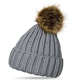 BabeMall Grey Fashion Winter Spring Women Faux Fur Pom Pom Knitted Warm Beanie Hat