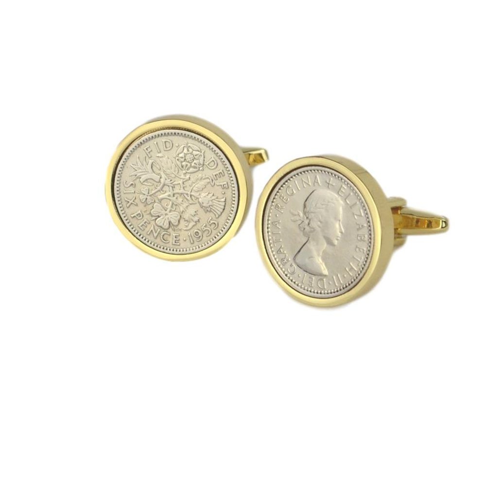 Polished Sixpence Gold Mount Cufflinks | 1955 Anniversary Coins 71st Birthday