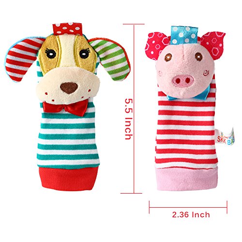 Acekid Baby Foot Rattle,4pcs Wrist Rattle and Socks Toys Set Toddler Soft Animal Toys Pig and Dog