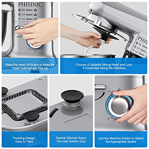PHISINIC Stand Mixer, 5.8-QT 660W Electric Kitchen Mixer, 6-Speed Tilt-Head Household Stand Mixer, Kitchen Food Mixer with Dough Hook, Wire Whip and Beater, for Baking, Cake, Cookie, Kneading (Silver)