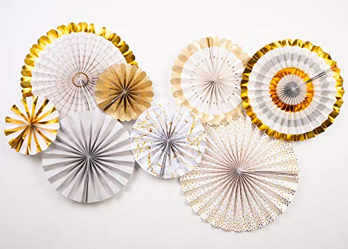 PapaKit Origami Wall Decoration Set (8 Assorted Round Paper Fans) Birthday Party Baby Shower Wedding Events Decor | Creative Art Design Pattern (Ivory & Marble with Metallic Gold Accent, 8 Piece Set) - Thumbnail 3