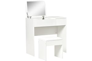 HOMCOM Makeup Vanity Desk with Flip Top Mirror and Cushioned Stool, Dressing Table with Storage Drawer for Bedroom, White