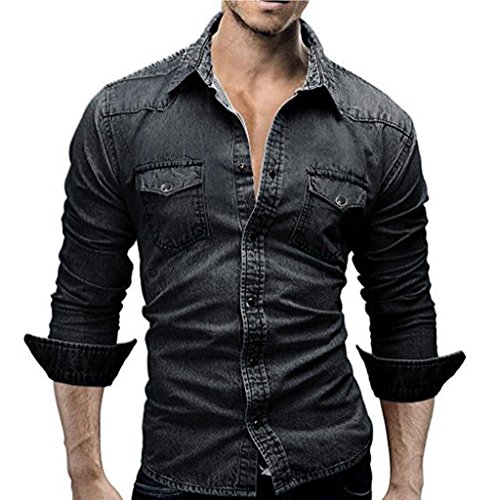 kaifongfu Men's Shirts Retro Denim Shirt Cowboy Blouse Slim Thin Long Tops Blouse (Black, XXL) - Thumbnail 2