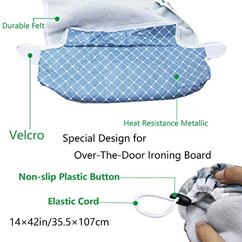 14"x42" Heat Resistance Metallic Over-The-Door Ironing Board Cover Durable Thicken Felt Material Padding Elastic Cord (Silver)