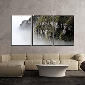 3 Piece Canvas Wall Art - Grand View of Mountains with Thick Mist - Modern Home Art Stretched and Framed Ready to Hang - 16"x24"x3 Panels
