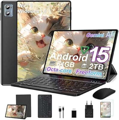 2026 Tablet Android 15 Octa Core con 64Go RAM + 2To TF Tablet 10 Pollici | 5G + 2.4G WiFi | FHD | GMS | Bluetooth 5.0 | 8MP + 5MP | Tipo C, Tablet Touch con custodia, Tastiera e Mouse - Nero